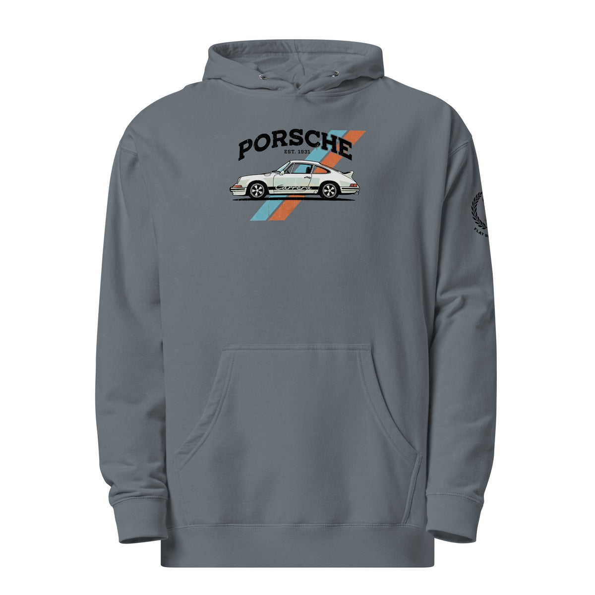 Monksee Flat Six midweight hoodie in Storm Blue, front view, with a white Porsche 911 Carrera graphic, blue and orange racing stripes, 'PORSCHE EST. 1931' lettering and a laurel 'FLAT SIX PASSION' crest on the left sleeve