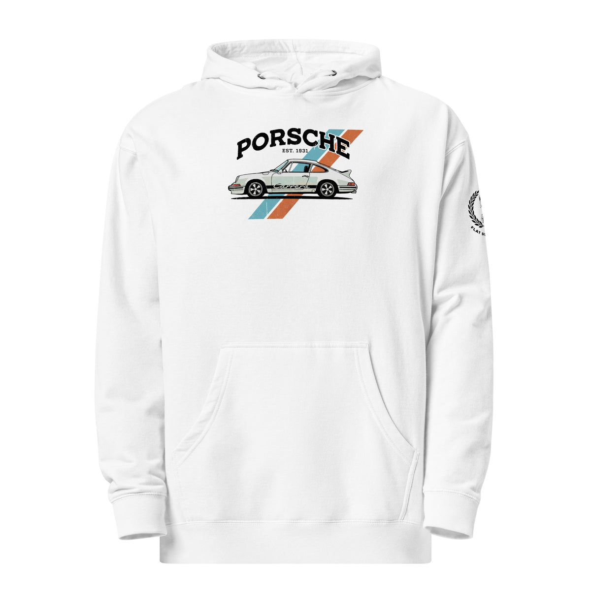Monksee Flat Six midweight hoodie in White, front view, with a white Porsche 911 Carrera graphic, blue and orange racing stripes, 'PORSCHE EST. 1931' lettering and a laurel 'FLAT SIX PASSION' crest on the left sleeve