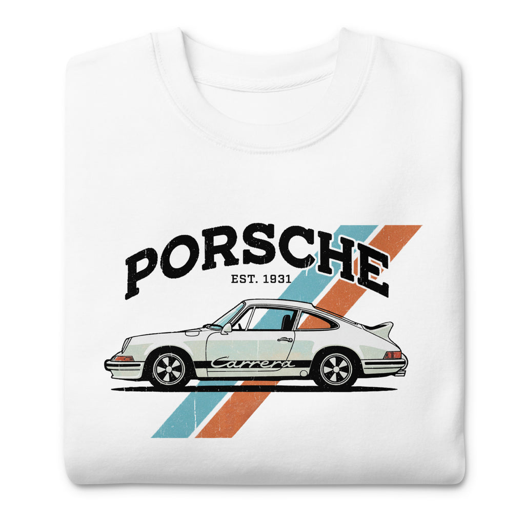 A white crewneck t-shirt featuring a vintage-style graphic of a Porsche 911 car with the text 'PORSCHE EST. 1931' and retro diagonal stripes in orange and light blue.