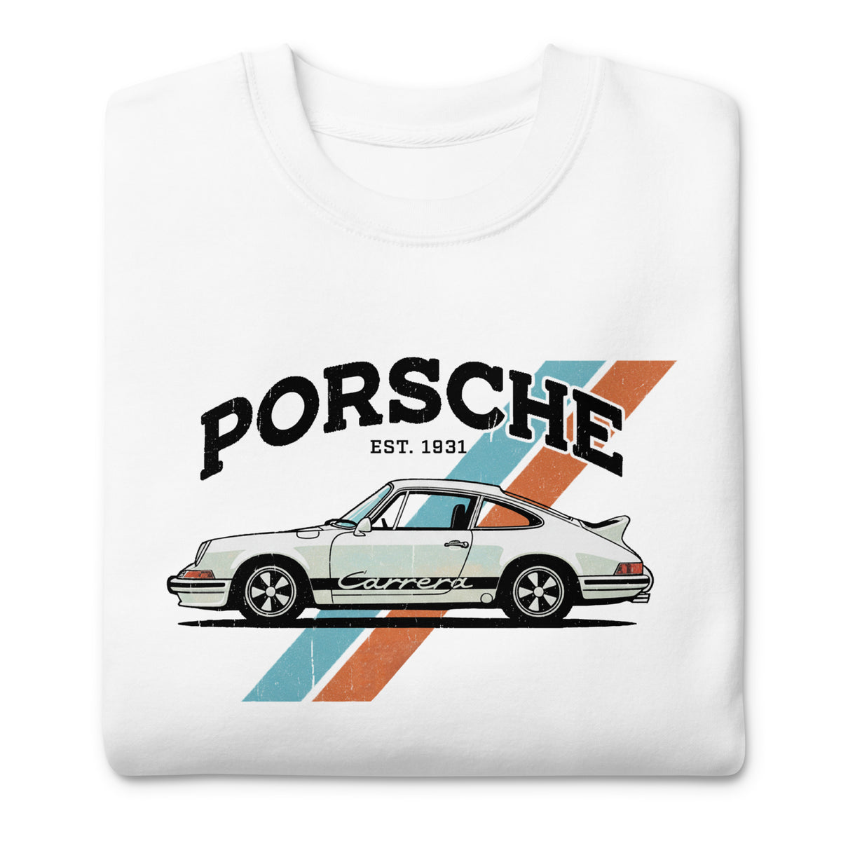 A white crewneck t-shirt featuring a vintage-style graphic of a Porsche 911 car with the text 'PORSCHE EST. 1931' and retro diagonal stripes in orange and light blue.
