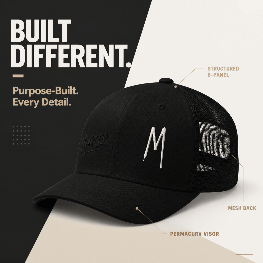 A black structured trucker cap with a mesh back and white embroidered logo, shown on a split black-and-cream background with callout text highlighting features like structured 6-panel construction, mesh back, and permacurv visor.