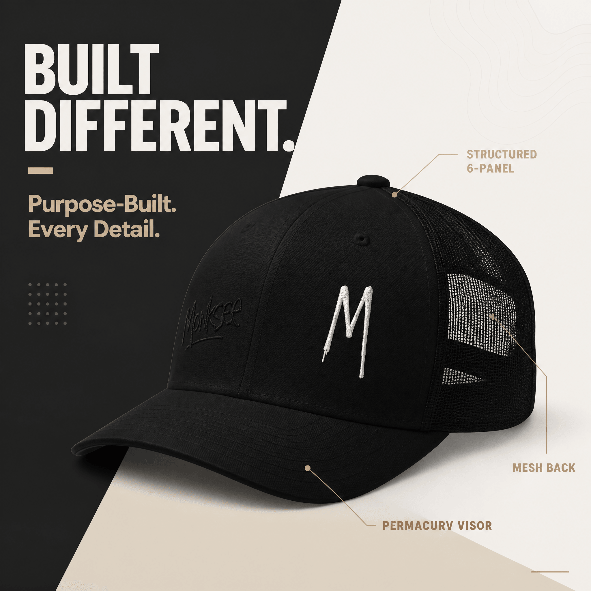 A black structured trucker cap with a mesh back and white embroidered logo, shown on a split black-and-cream background with callout text highlighting features like structured 6-panel construction, mesh back, and permacurv visor.