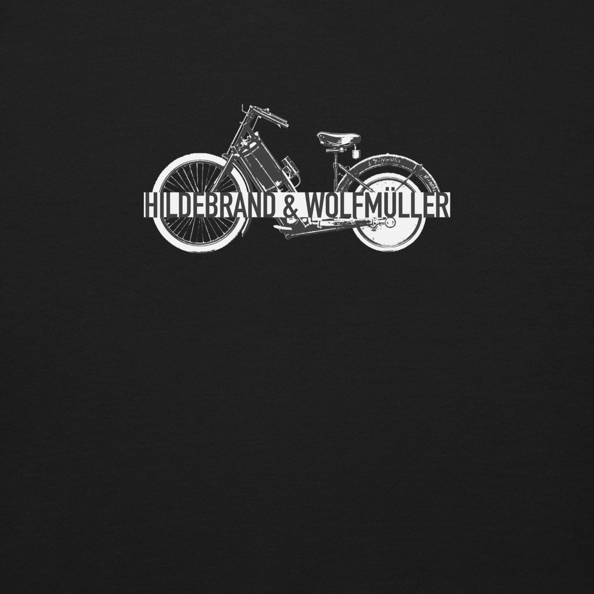 White bicycle graphic with 'Hildebrand & Wolfmüller' text on a black background