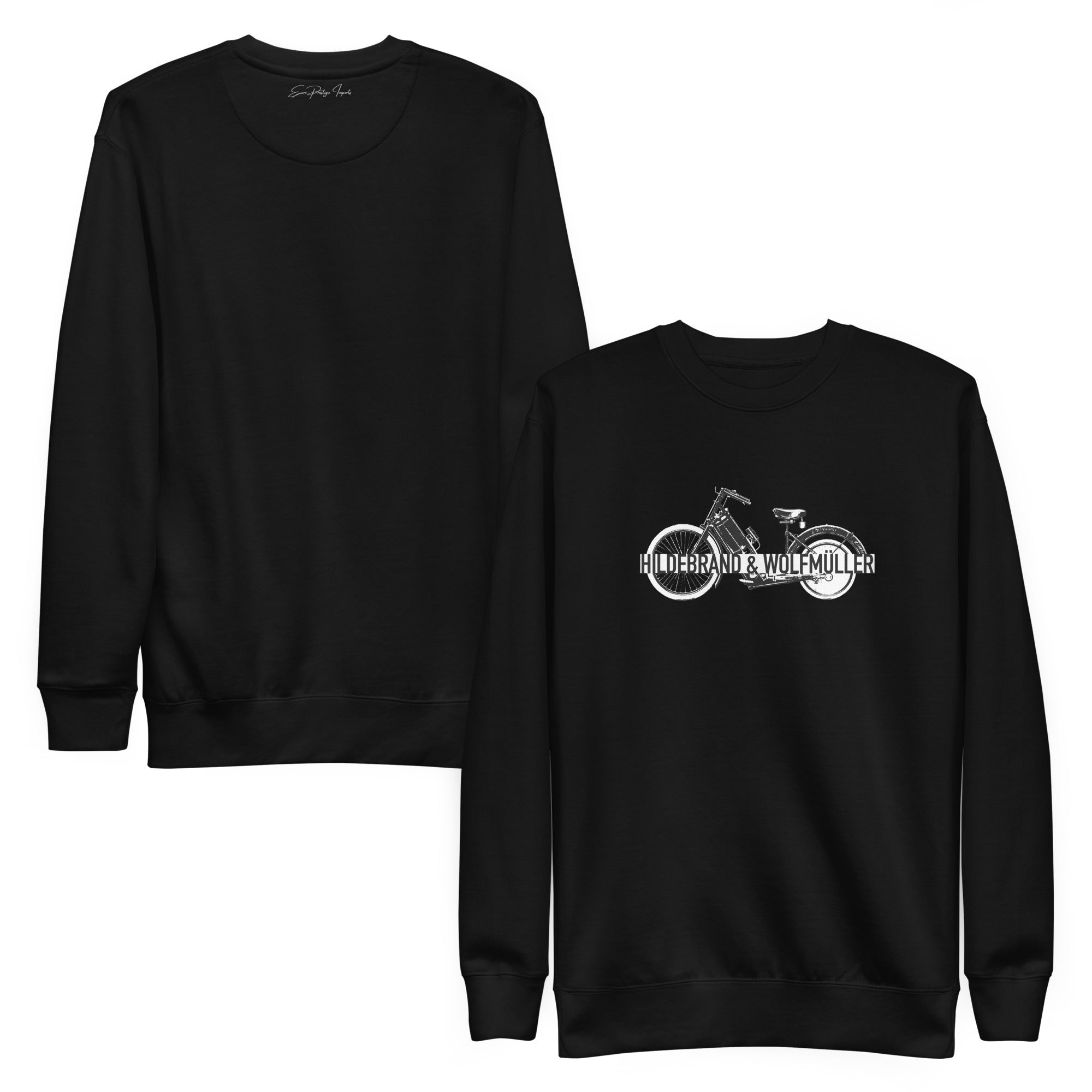 Black sweatshirt with a motorcycle graphic and text on a white background