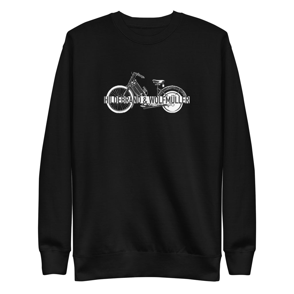 Black sweatshirt with a white bicycle graphic and text on a white background