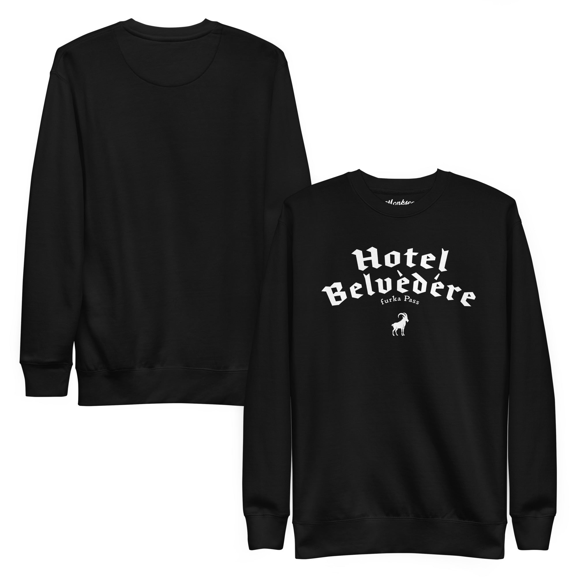 Black sweatshirt with 'Hotel Belvedere' text on a white background