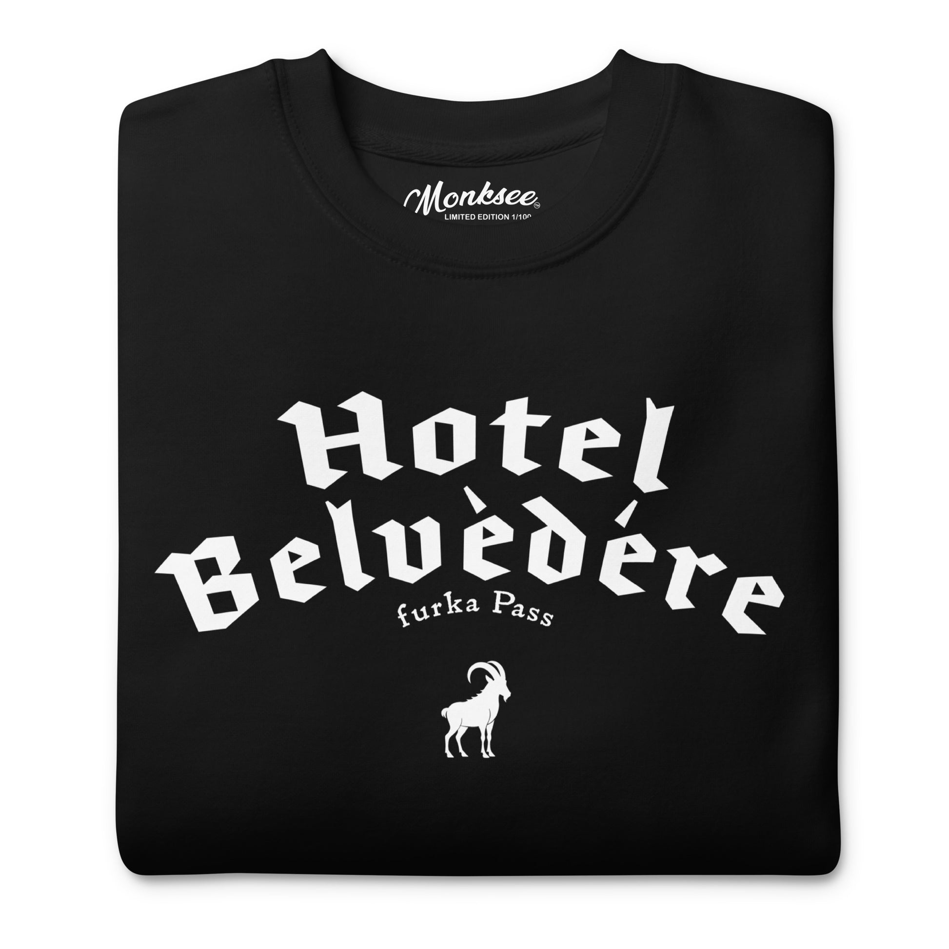 Black sweatshirt with 'Hotel Belvedere' text and goat logo on a white background
