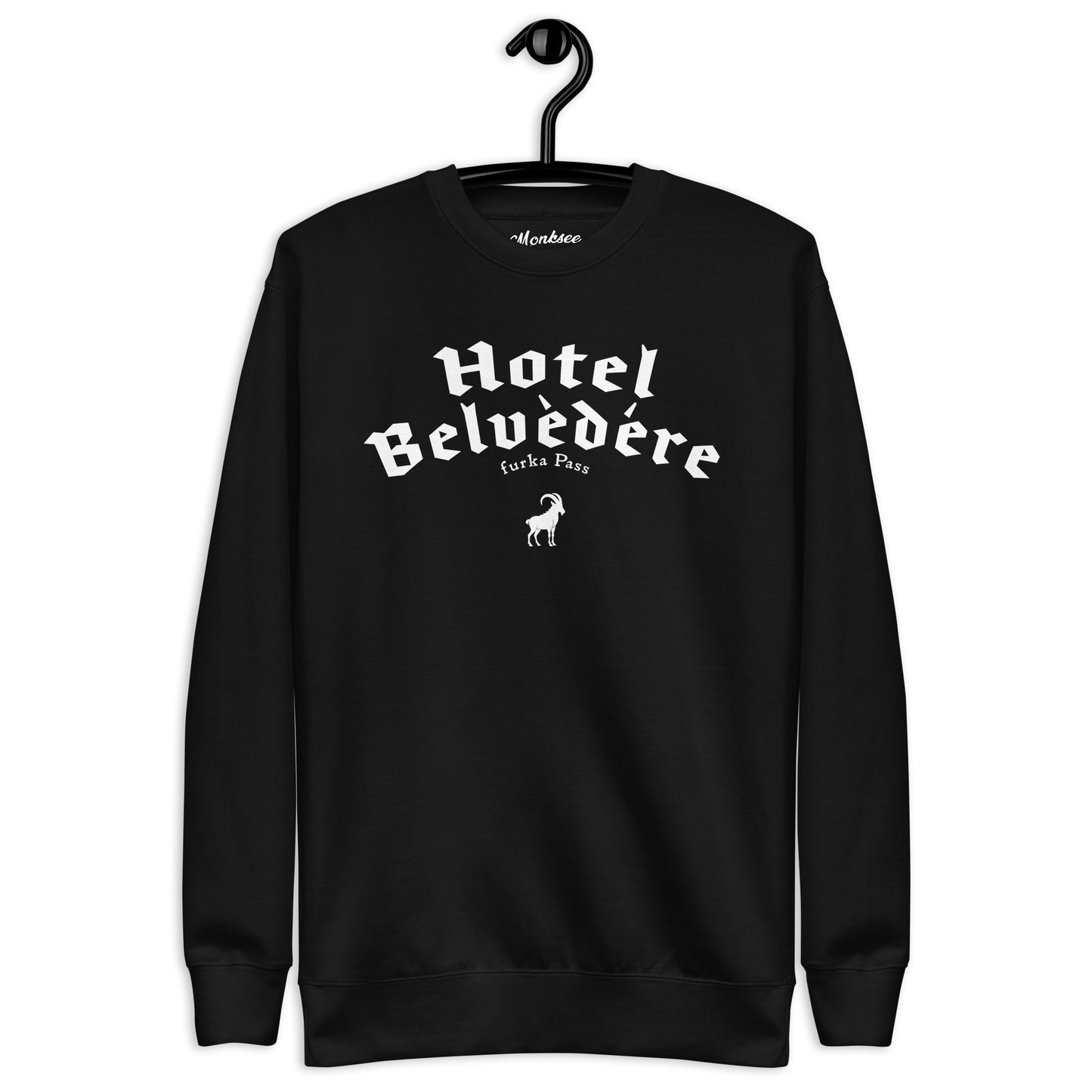 Black sweatshirt with 'Hotel Belvedere' text on a hanger against a white background