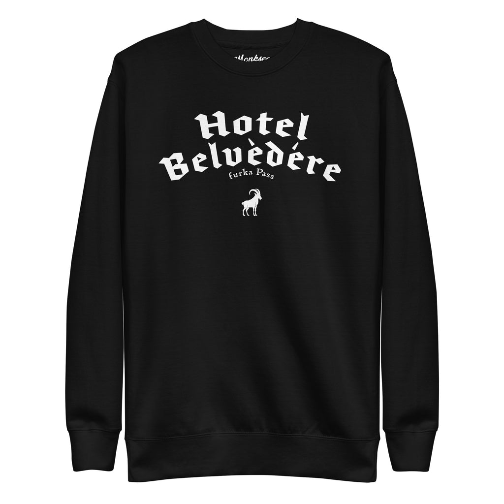 Black sweatshirt with 'Hotel Belvedere' text and logo on a white background