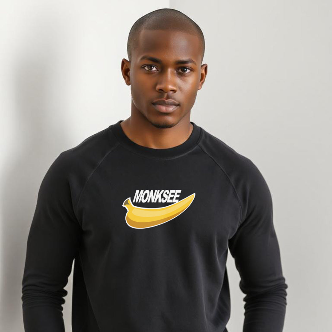 black guy wearing black organic monksee just blew it sweatshirt front