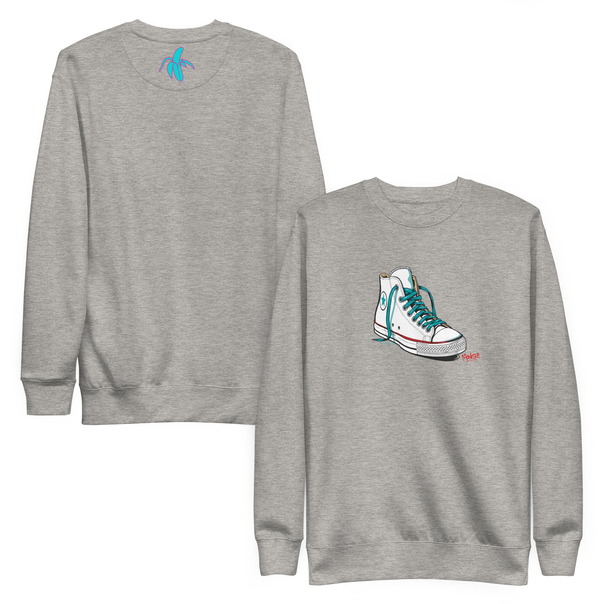 front and back shots of a grey monksee kickin it unisex sweatshirt with chuck Taylor all-stars design on front and teal and pink monksee banana on the back