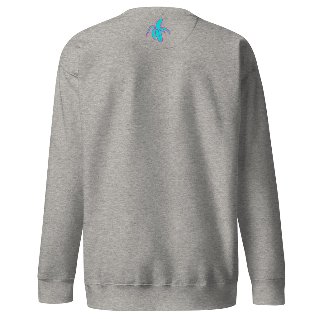 back of a grey monksee kickin it sweater with monksee banana on the back. Laid flat on a white background