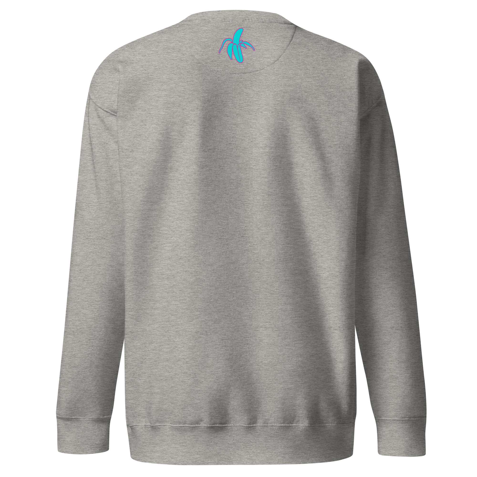 back of a grey monksee kickin it sweater with monksee banana on the back. Laid flat on a white background