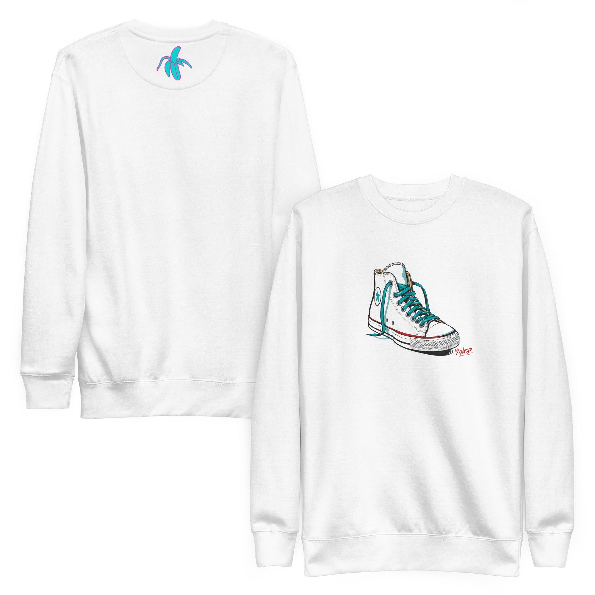 A white Monksee "Kickin It!" sweatshirt displayed front and back against a white background. The front features a white sneaker graphic with blue laces. A blue Monksee logo is on the back neck.