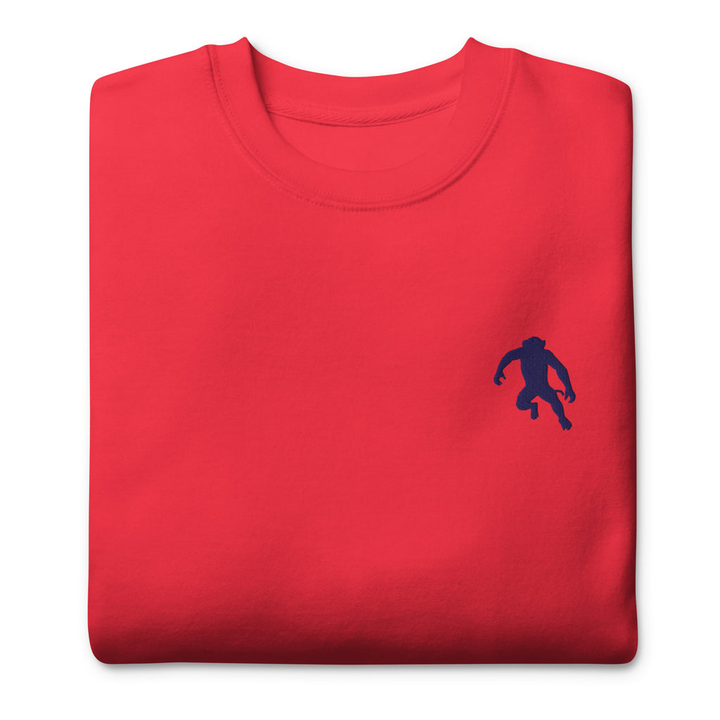 close up of monksee ape shit premium sweatshirt with embroidered design in red