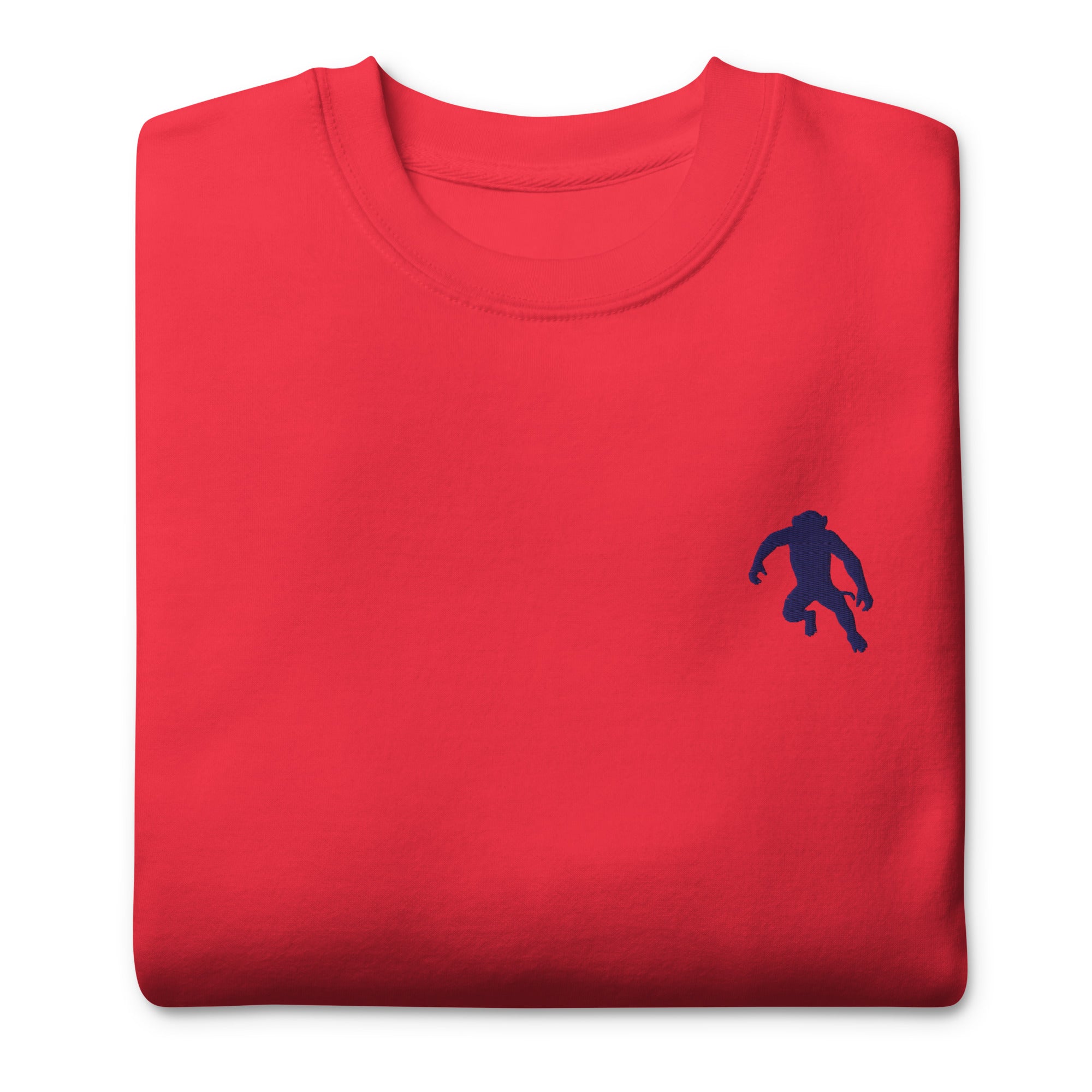 close up of monksee ape shit premium sweatshirt with embroidered design in red