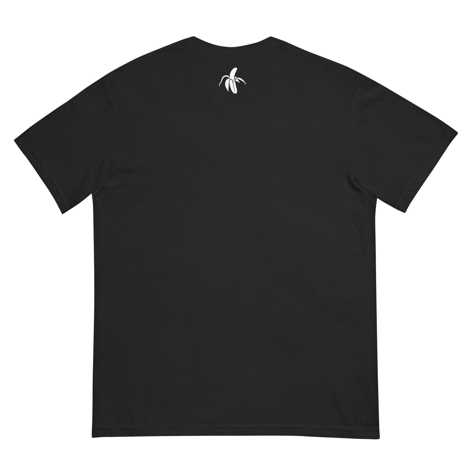 Monksee Black t-shirt with a white banana logo on the back against a white background