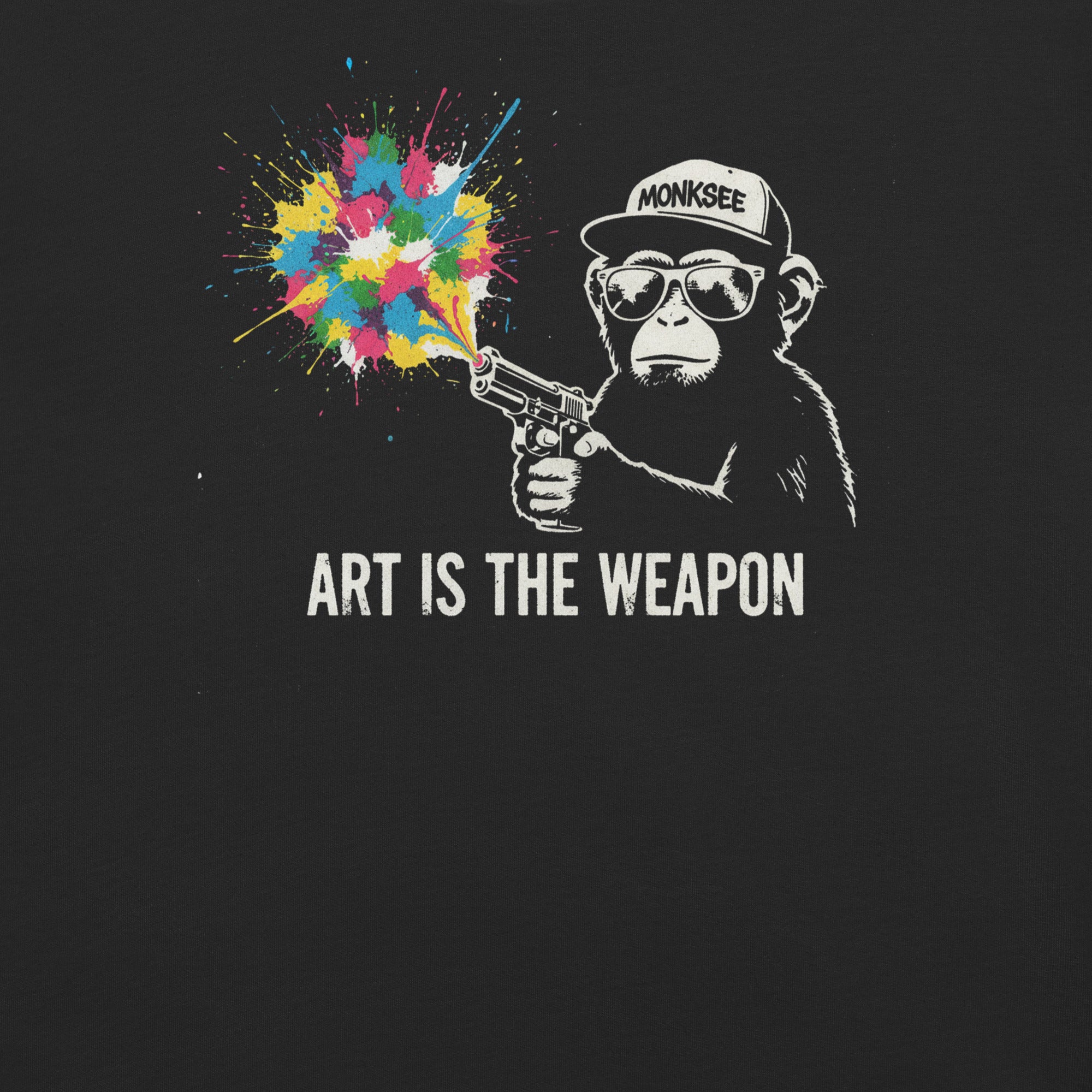 Surreal design of a monkey holding a gun with colorful splashes and 'Art is the Weapon' text on a black background.