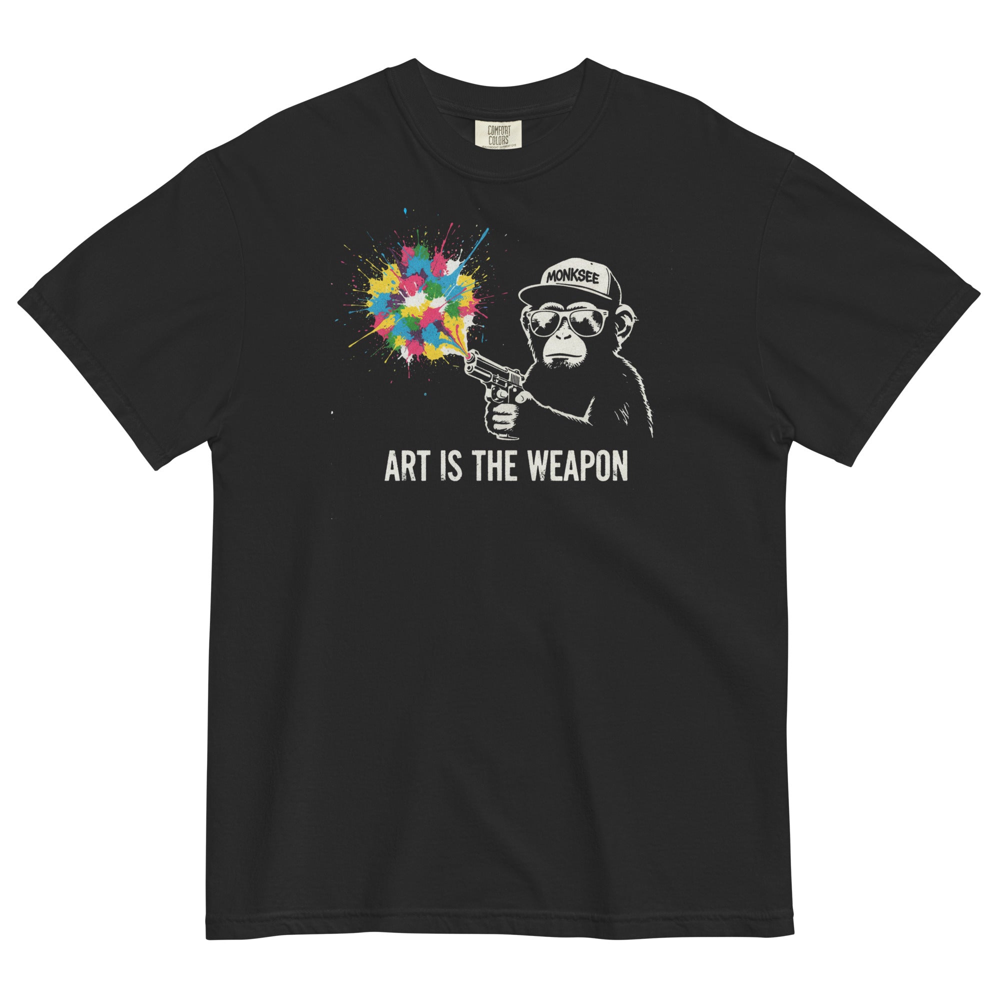 Monksee Black t-shirt with a graphic of a monkey holding a gun with colorful blast and 'Art is the Weapon' text on a white background.