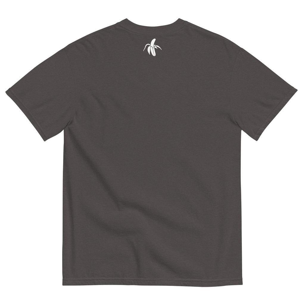 Monksee graphite t-shirt with a white banana logo on the back against a white background