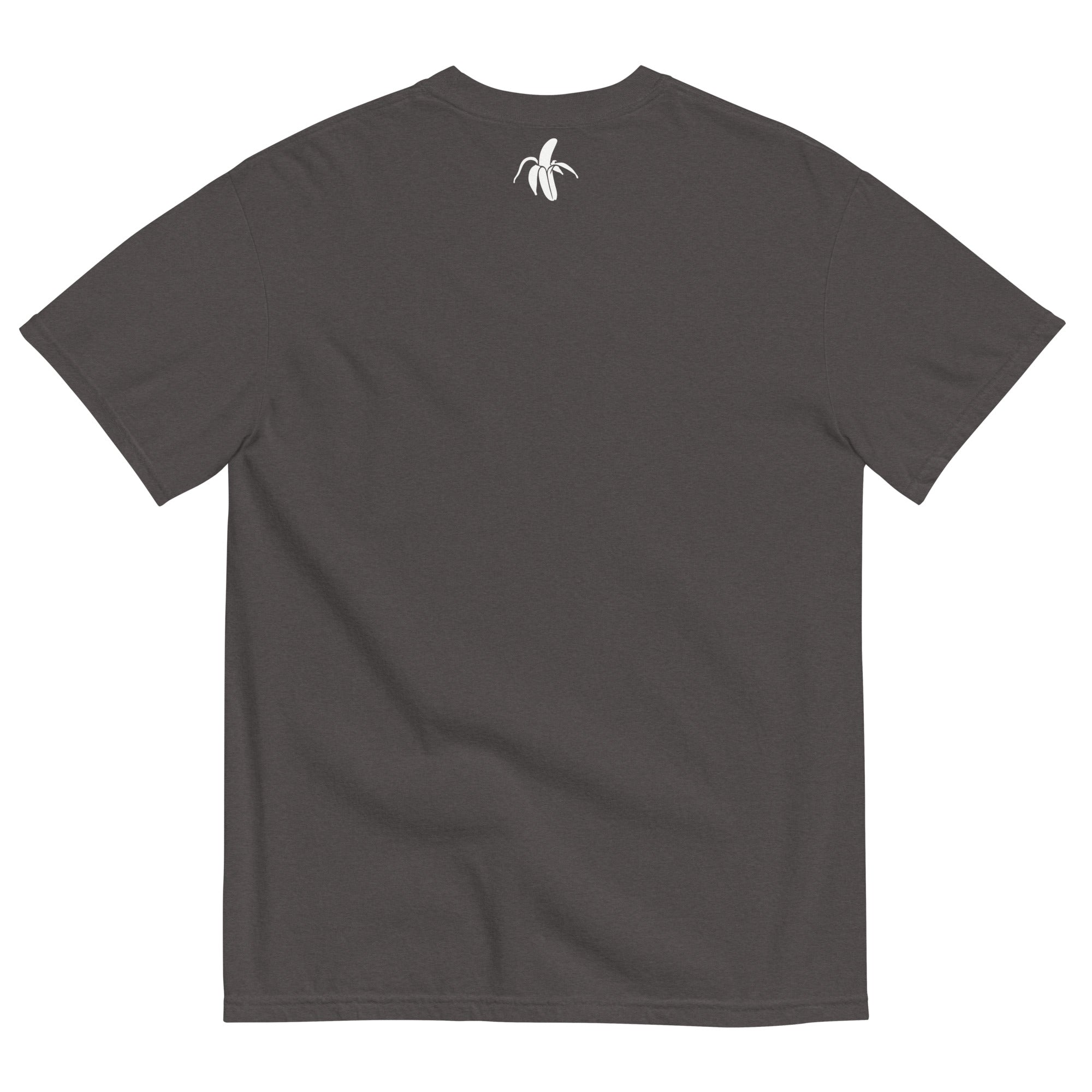 Monksee graphite t-shirt with a white banana logo on the back against a white background