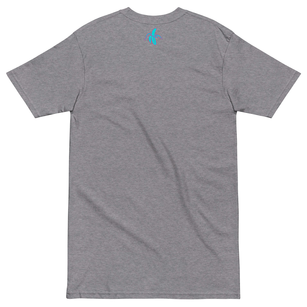the back of a athletic grey Monksee "Drop the Vibe" t-shirt displayed flat against a white background. The Monksee banana is on the back neck teal with a pink border.