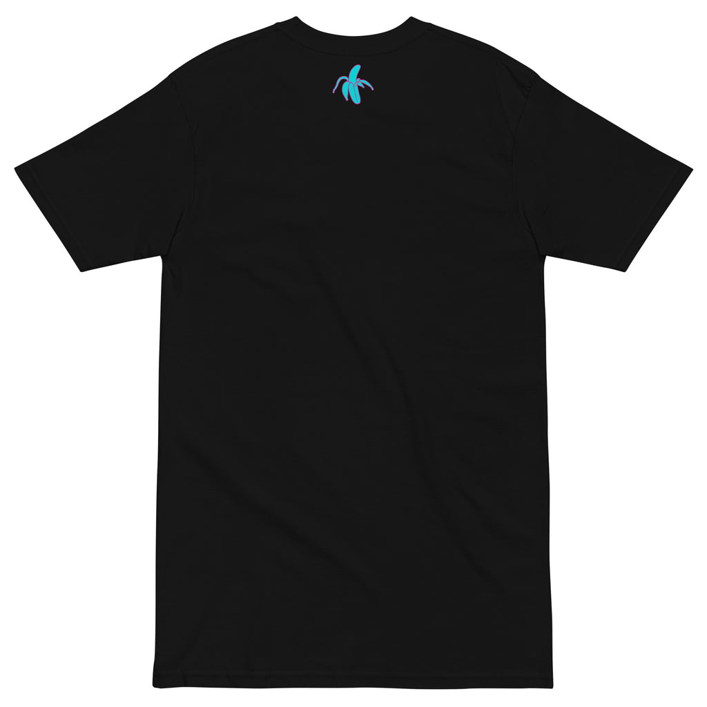 the back of a black Monksee "Drop the Vibe" t-shirt displayed flat against a white background. The Monksee banana is on the back neck teal with a pink border.
