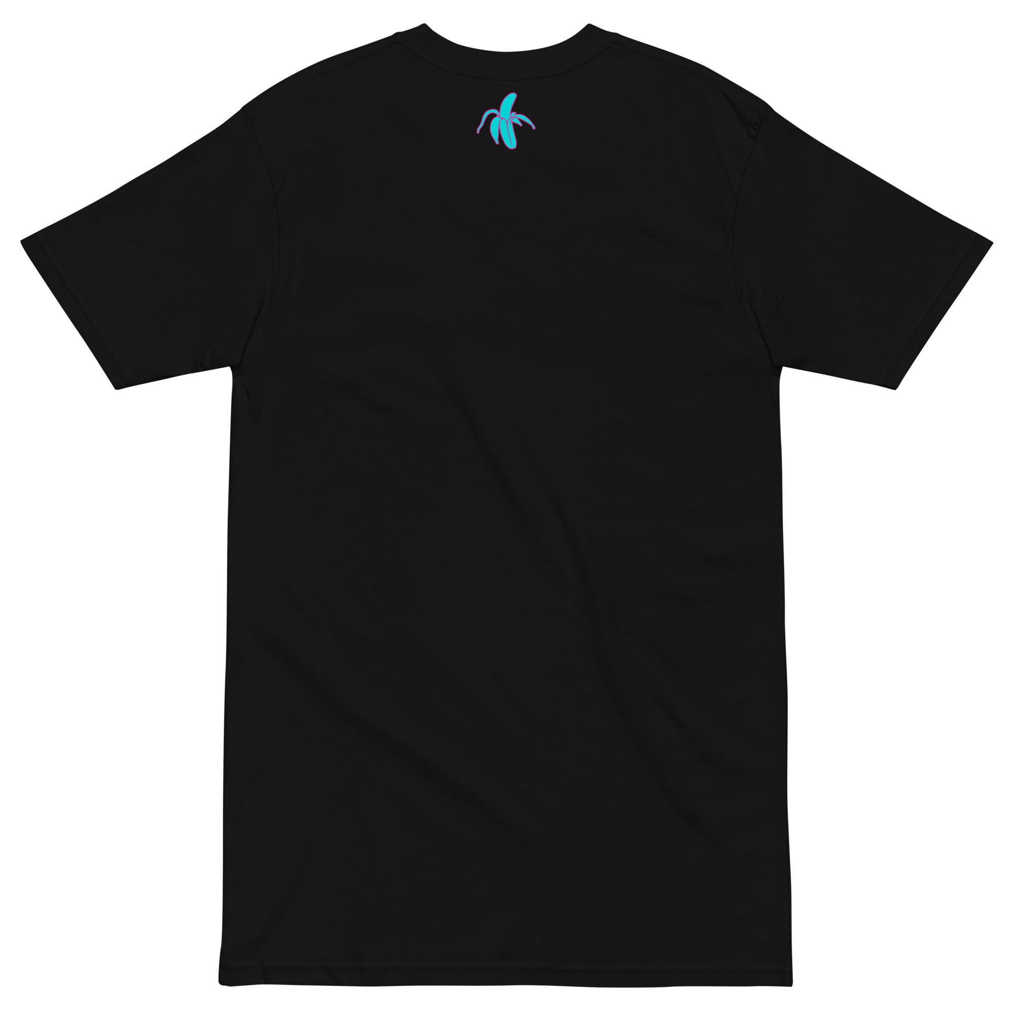 the back of a black Monksee "Drop the Vibe" t-shirt displayed flat against a white background. The Monksee banana is on the back neck teal with a pink border.