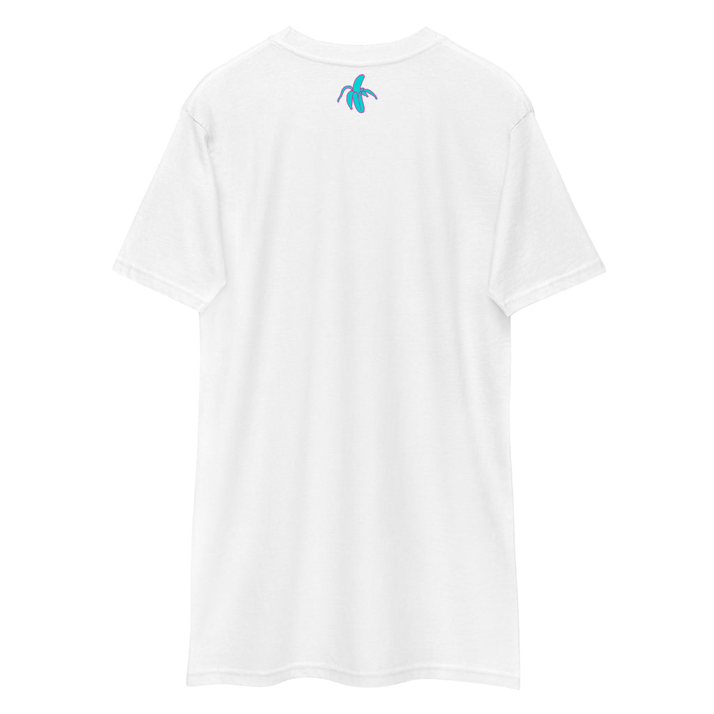 the back of a white wrinkled Monksee "Drop the Vibe" t-shirt displayed against a white background. The Monksee banana is on the back neck teal with a pink border.