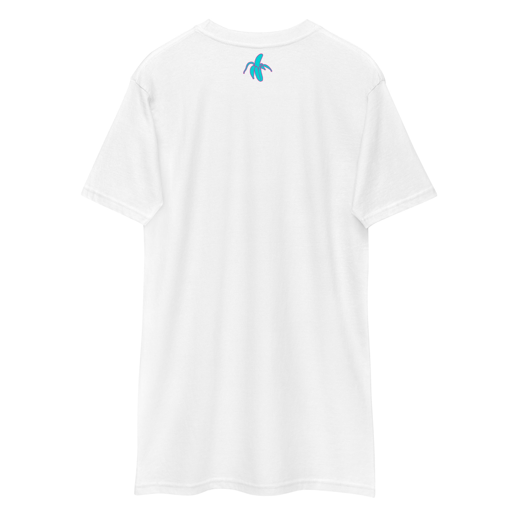 the back of a white wrinkled Monksee "Drop the Vibe" t-shirt displayed against a white background. The Monksee banana is on the back neck teal with a pink border.