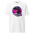 white Monksee "Drop the Vibe" t-shirt displayed flat against a white background. It features a neon graphic of a cap-wearing monkey against a sunset with palm trees, with "DROP the VIBE" in bold pink and white text. The Monksee banana is on the back neck