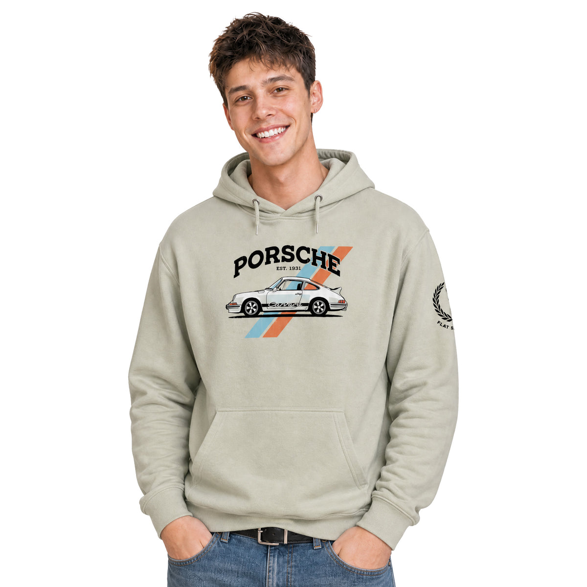 Model wearing the Monksee Flat Six midweight hoodie in Dusty Sage, front view, with a white Porsche 911 Carrera graphic, blue and orange racing stripes, 'PORSCHE EST. 1931' lettering and the laurel 'FLAT SIX PASSION' crest on the left sleeve