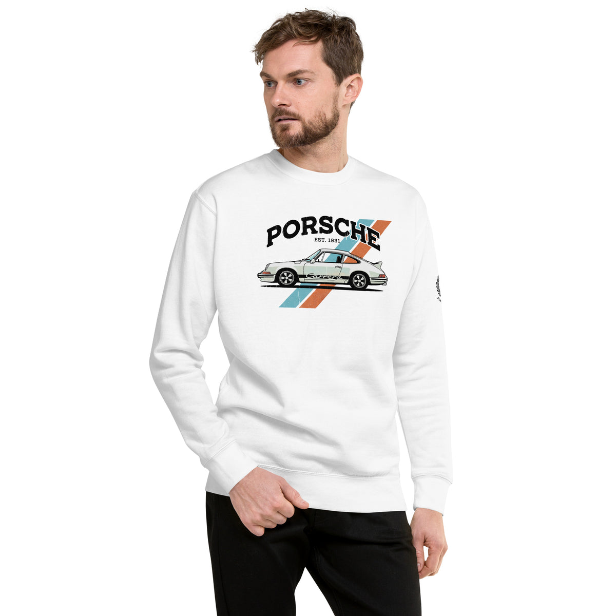 Man wearing the Monksee Flat Six white crewneck sweatshirt with a vintage Porsche 911 Carrera graphic and blue and orange racing stripes