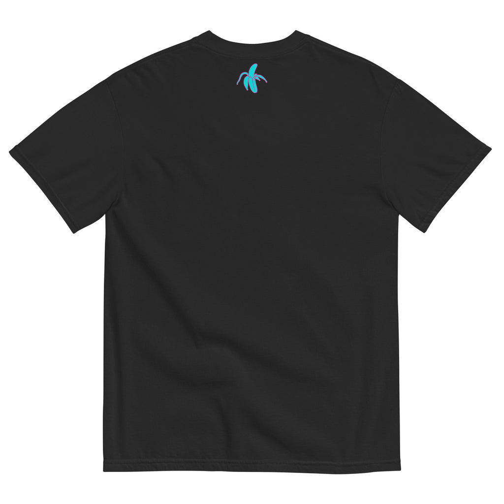 monksee kickin it black tee laying flat on a white background. Features the monksee banana logo on the back label in teal and pink