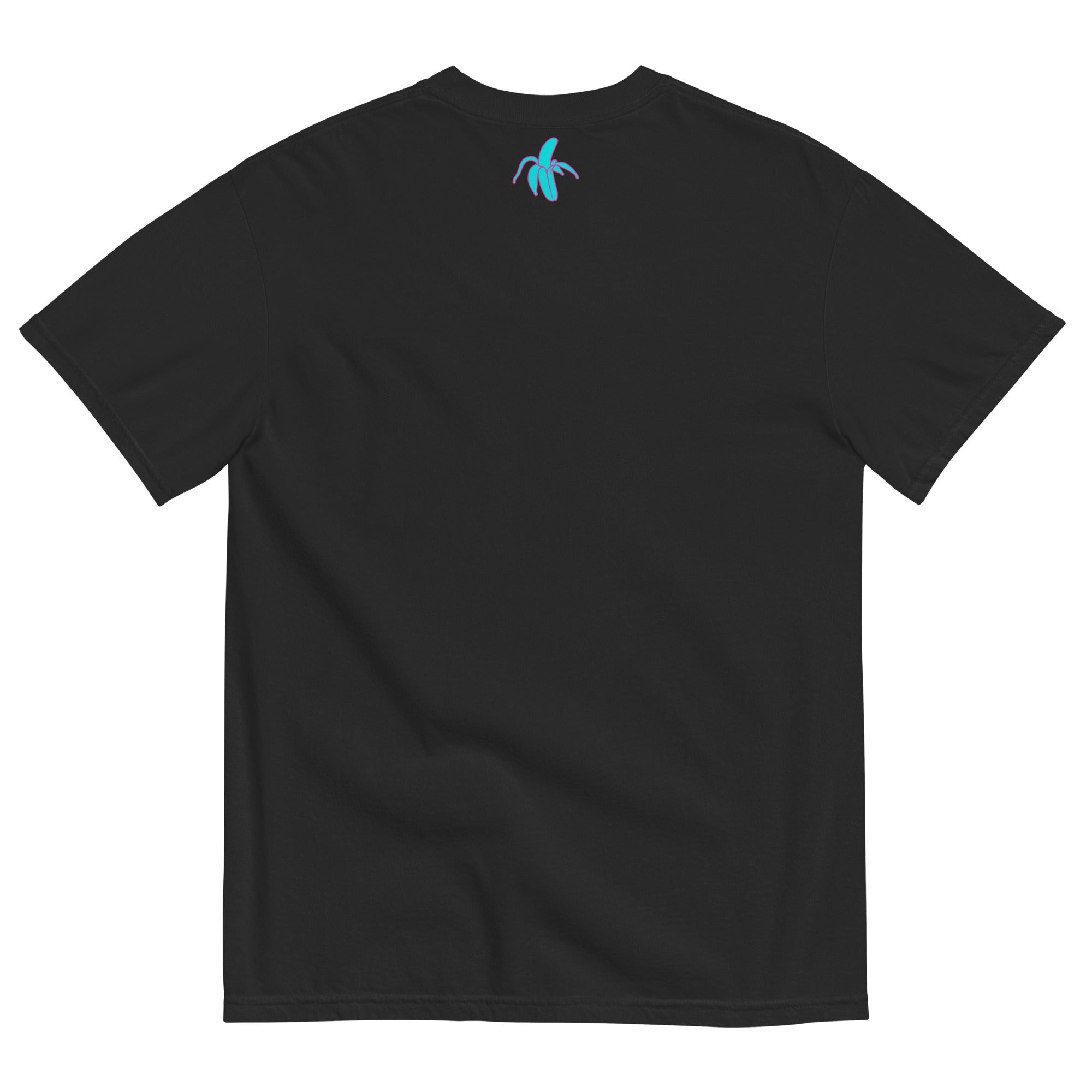 monksee kickin it black tee laying flat on a white background. Features the monksee banana logo on the back label in teal and pink