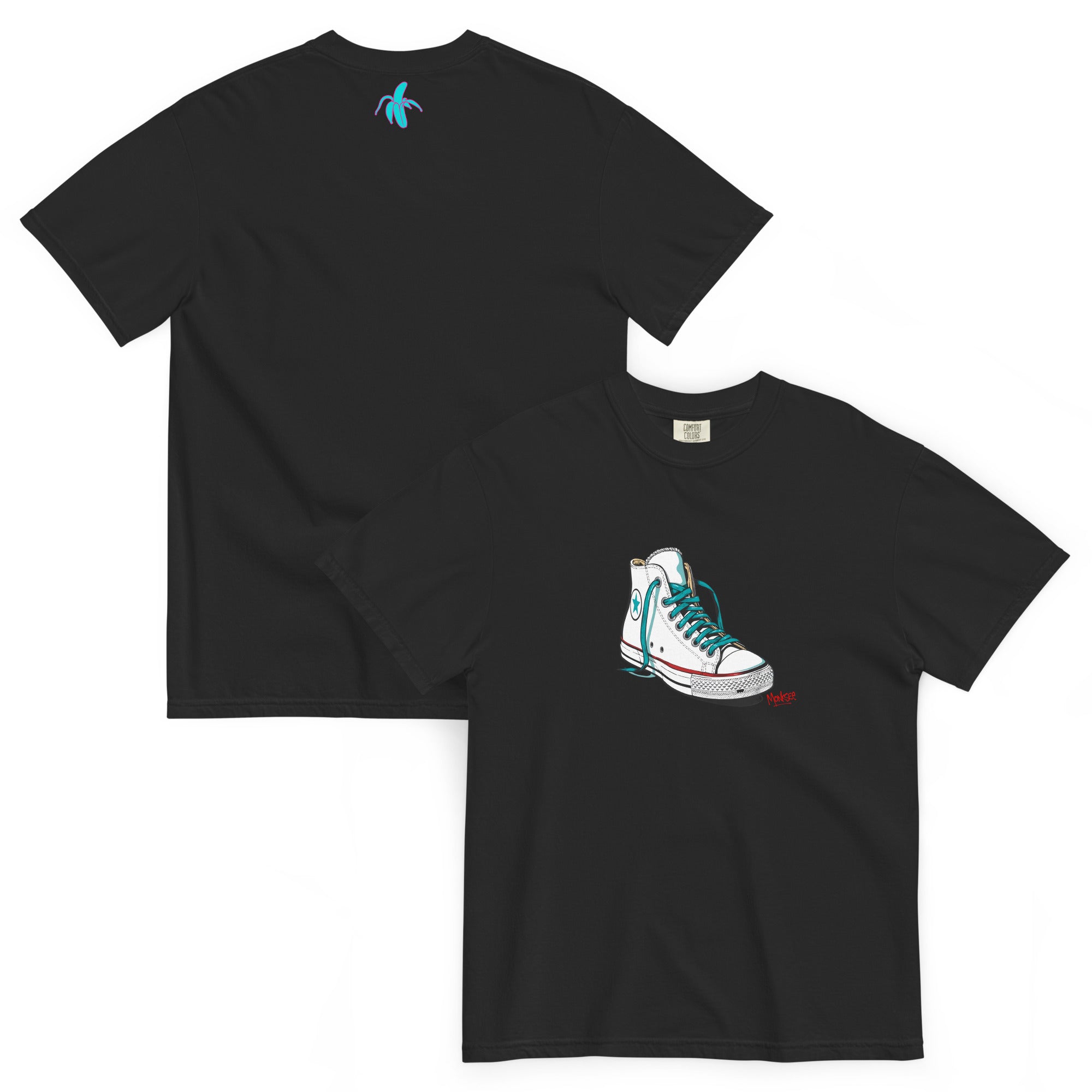 an image of the front and back of the monksee kickin it black tshirt featuring artistic drawing of a chuck Taylor Allstars shoe on the front and the teal and pink monksee banana on the back