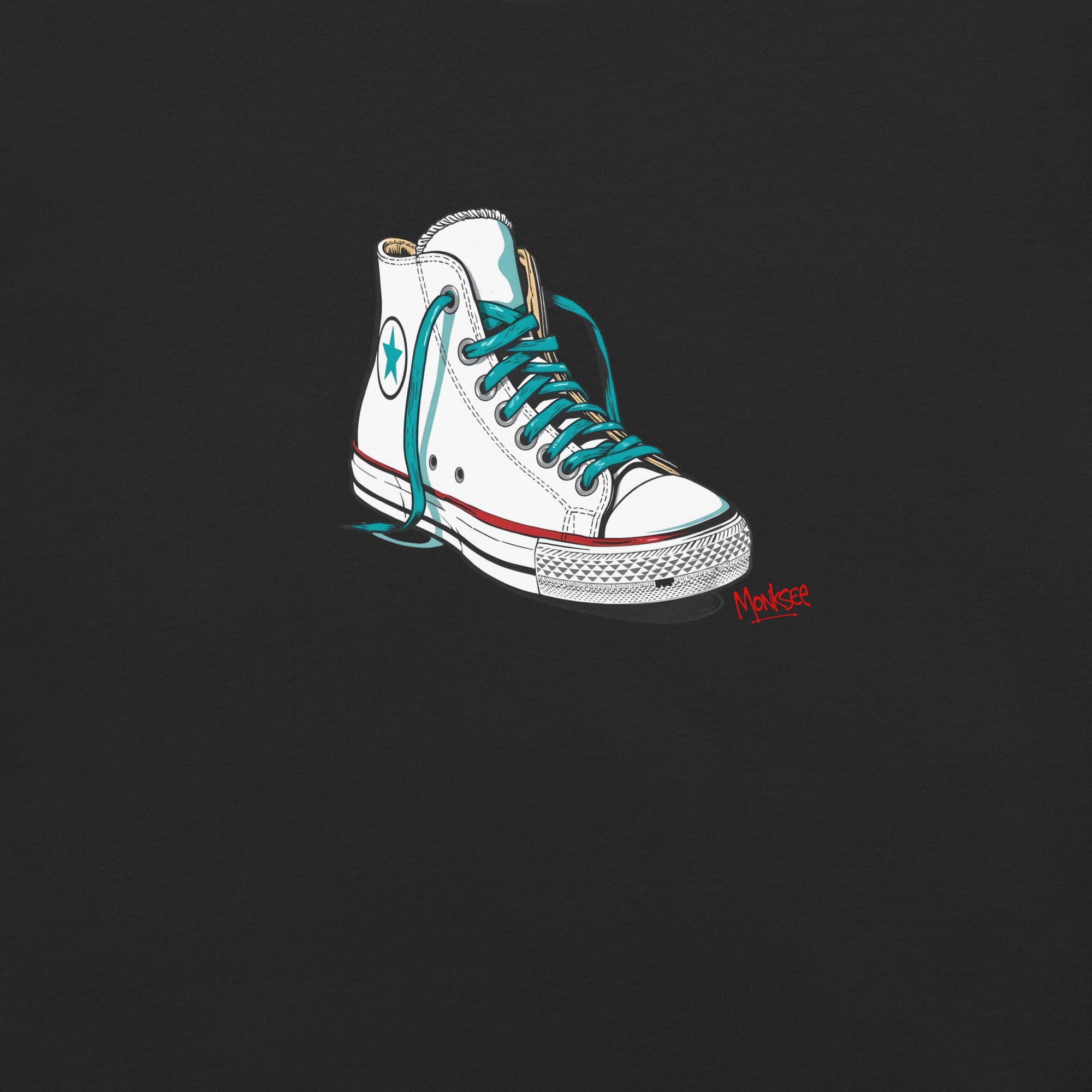 close up of the monksee kickin it design of a single chuck Taylor Allstars sneaker on a black background