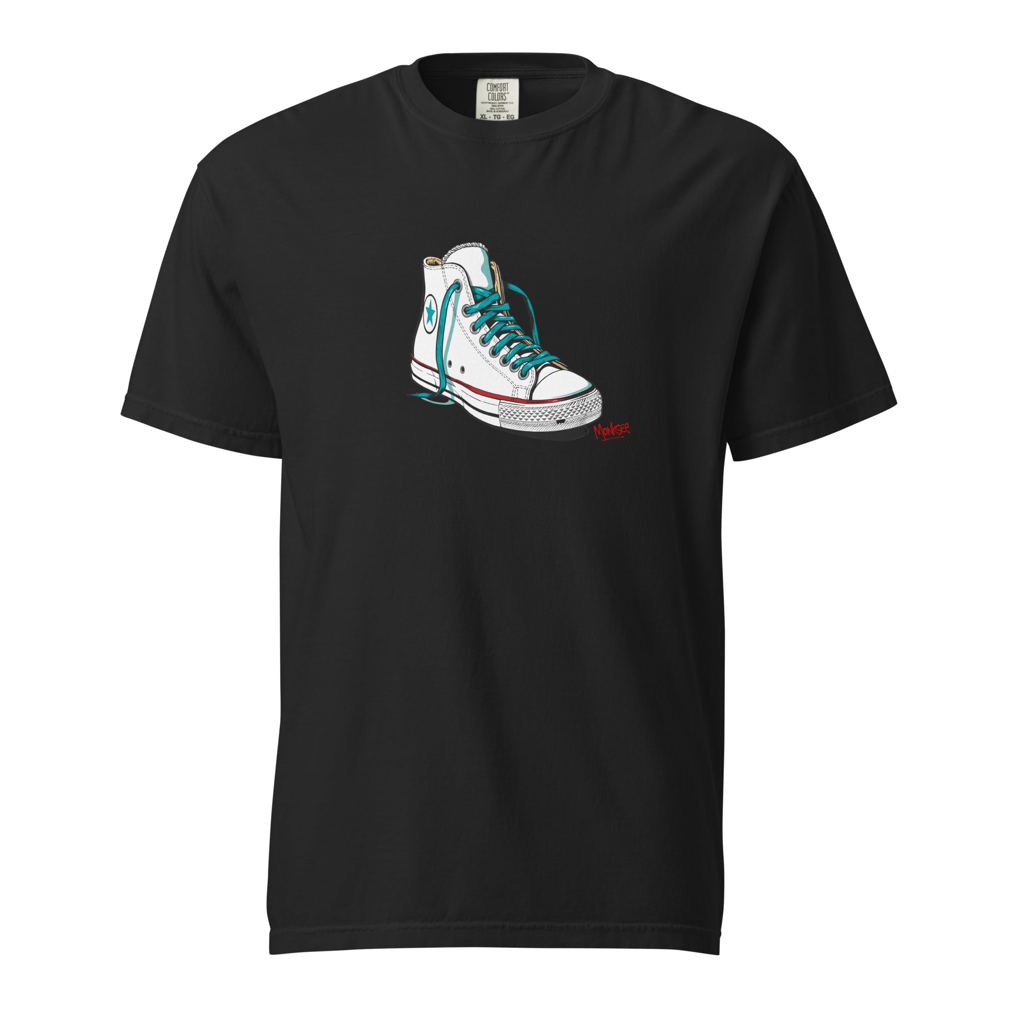 front of monksee kickin it black tee ghost image on a white background