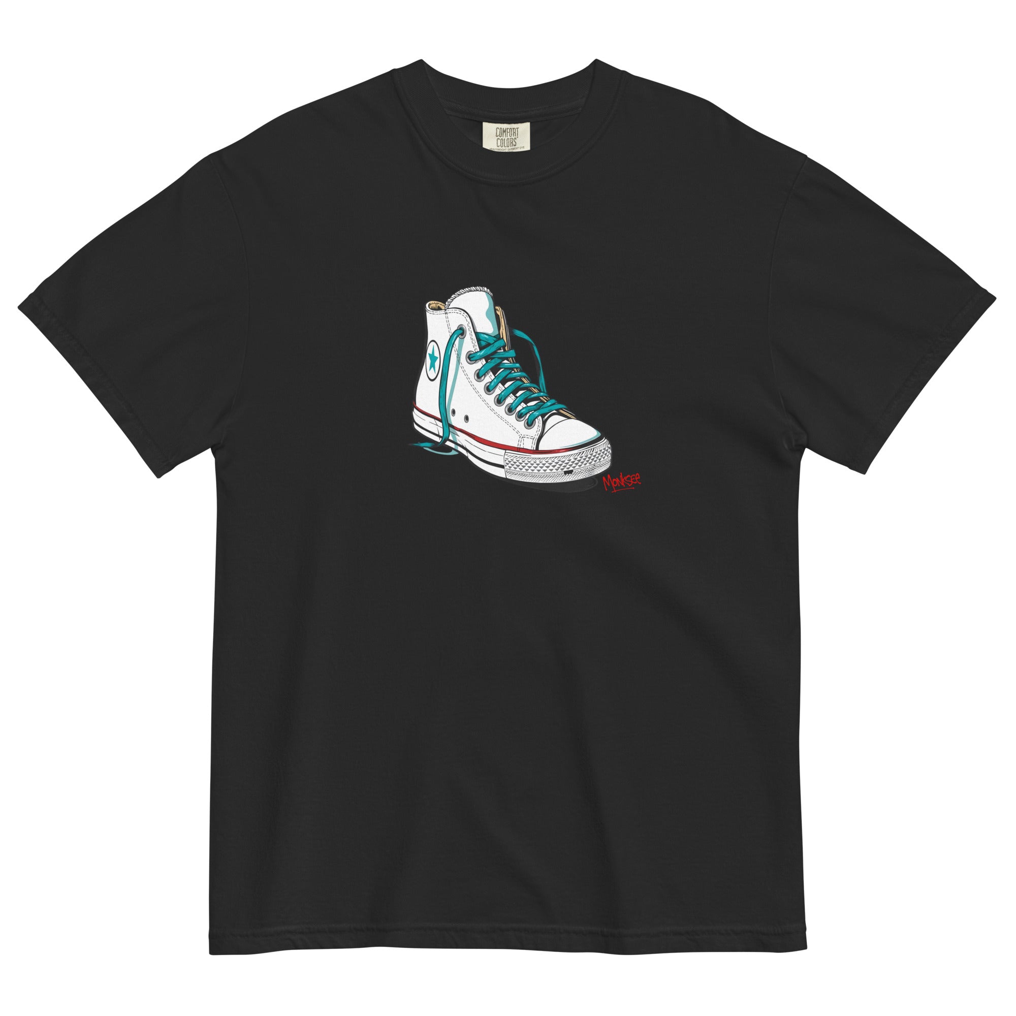 black garment dyed tshirt laying flat on white background. tshirt features design of a vintage chuck Taylor Allstars with monksee tag underneath in red