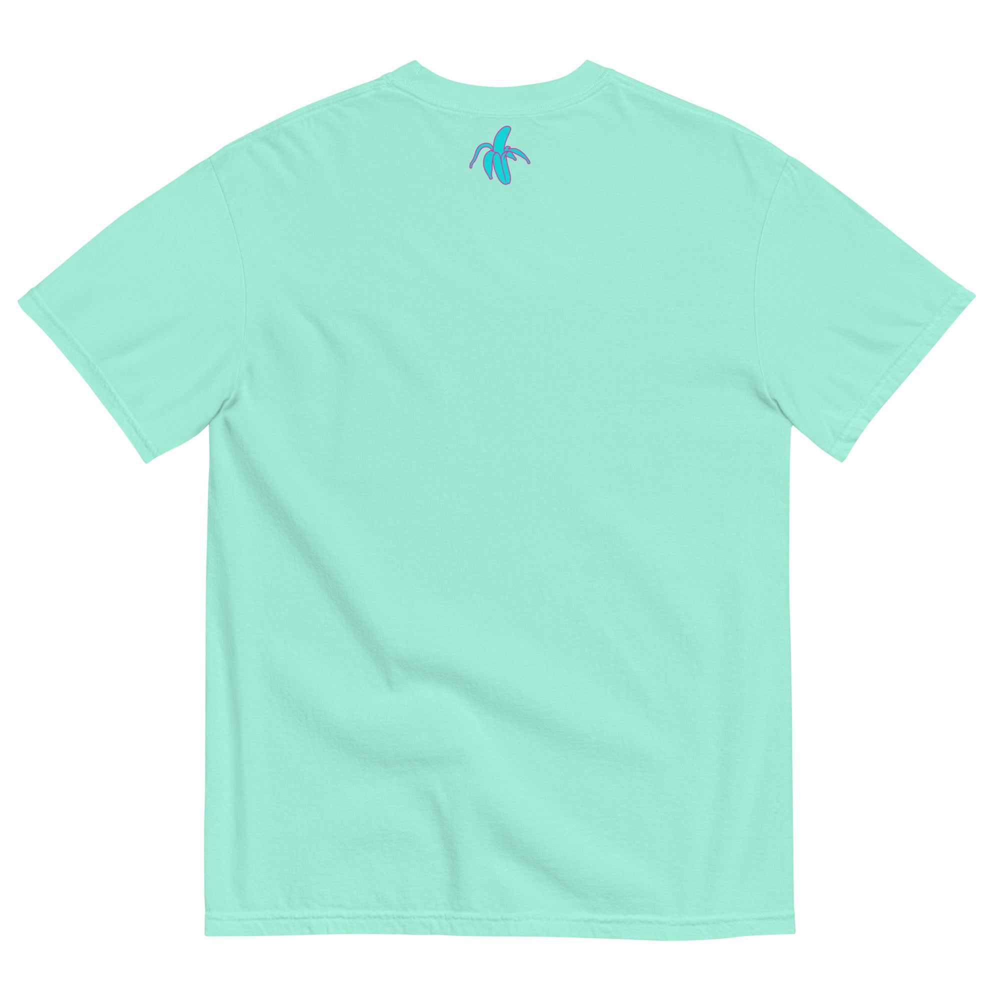 monksee kickin it chalky mint tee laying flat on a white background. Features the monksee banana logo on the back label in teal and pink