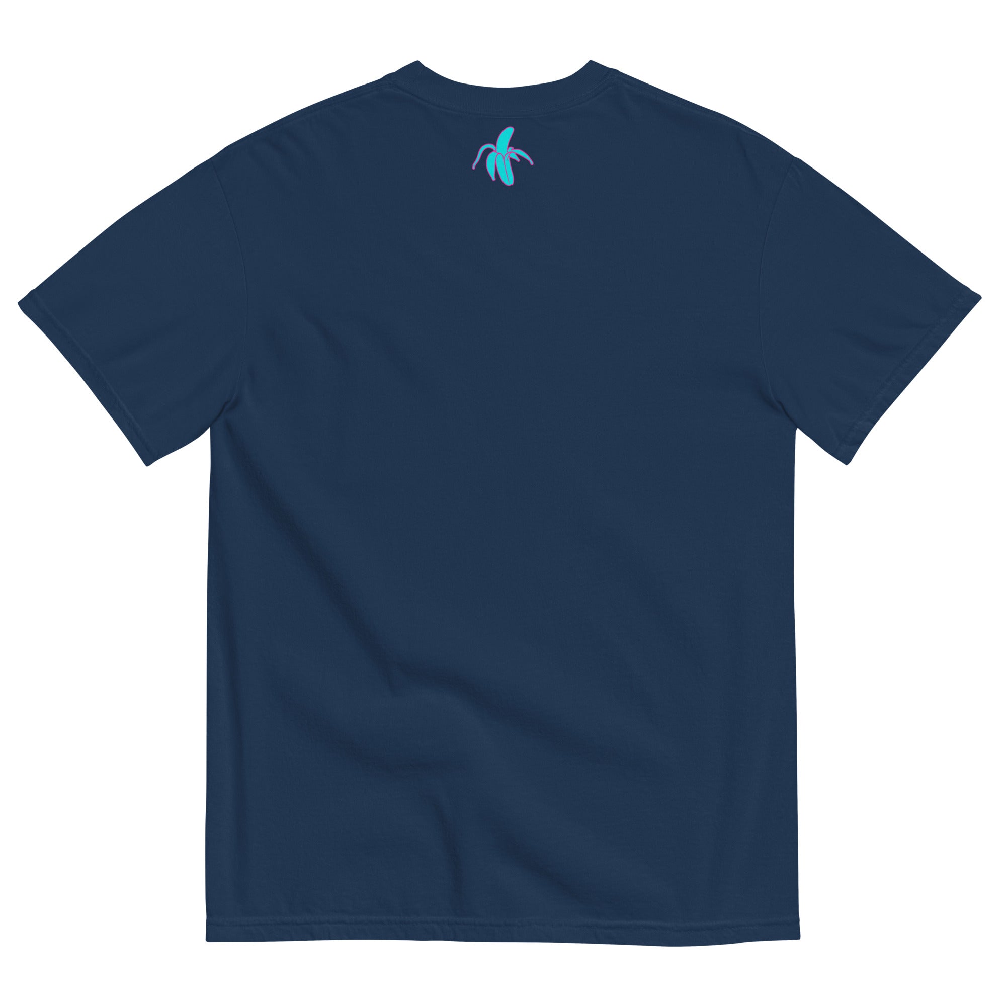 monksee kickin it navy tee laying flat on a white background. Features the monksee banana logo on the back label in teal and pink