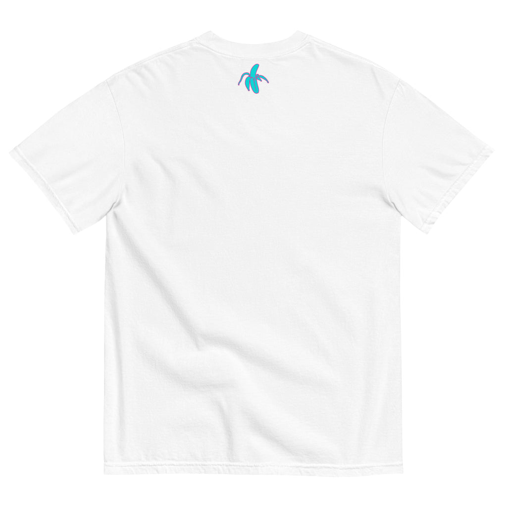 monksee kickin it white tee laying flat on a white background. Features the monksee banana logo on the back label in teal and pink