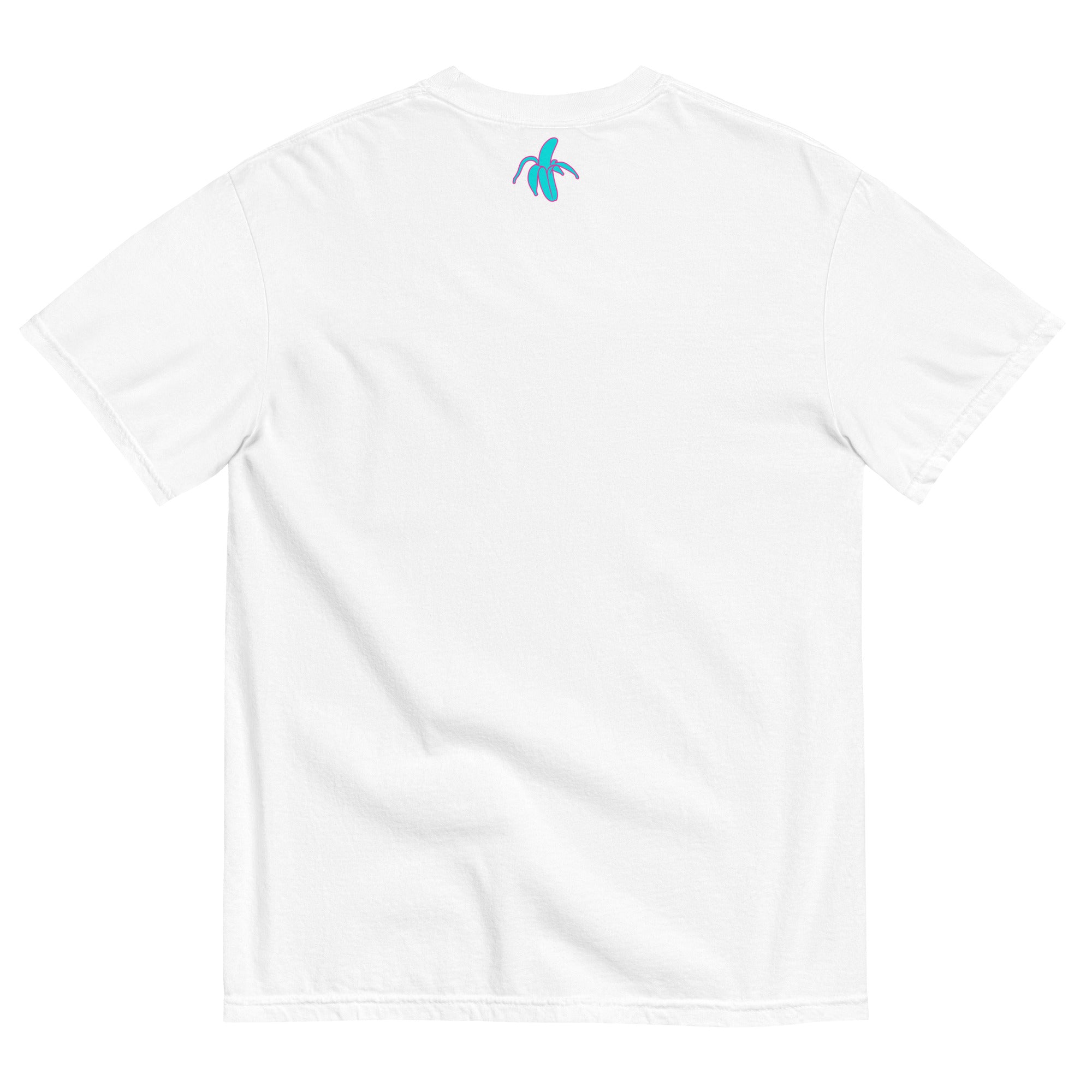 monksee kickin it white tee laying flat on a white background. Features the monksee banana logo on the back label in teal and pink