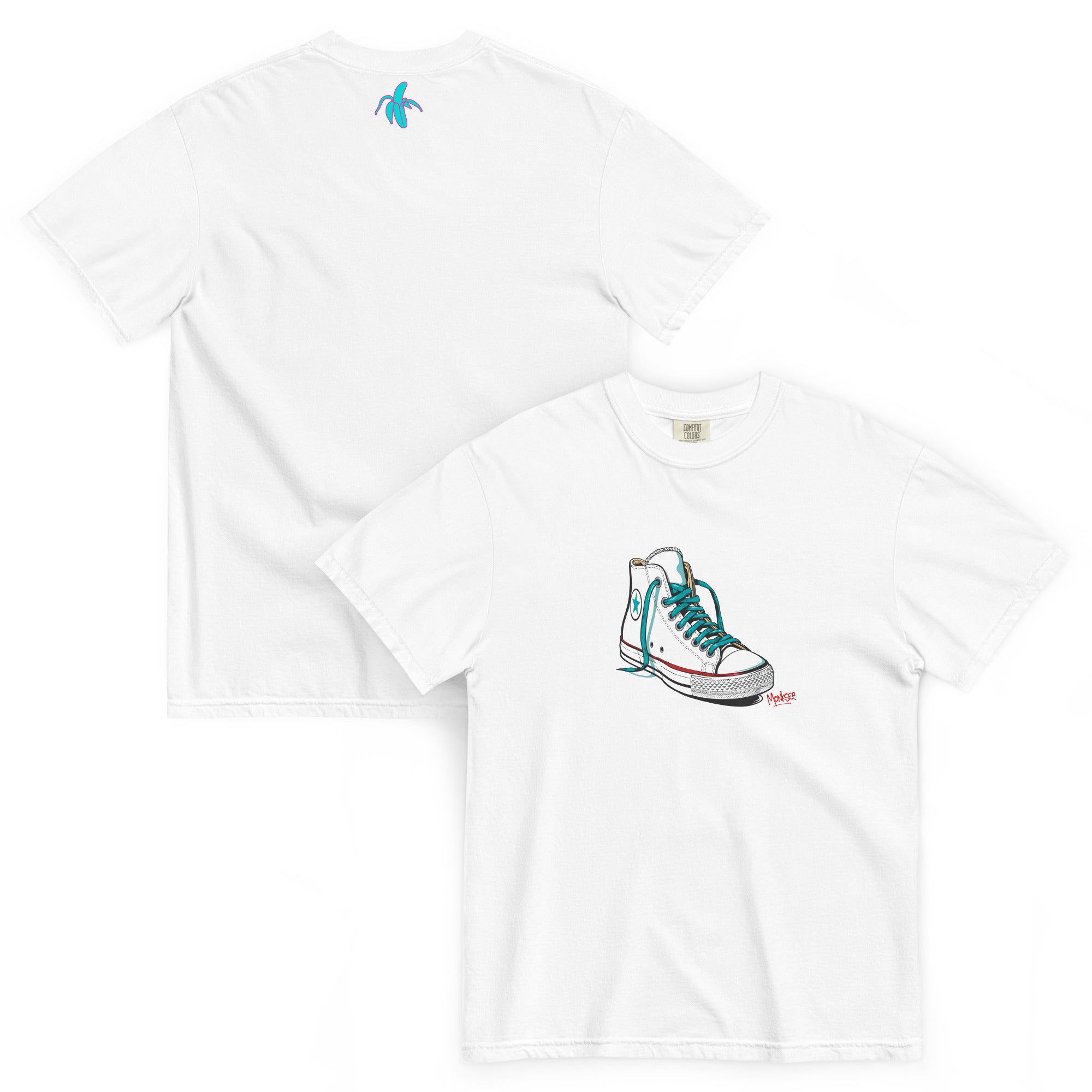 an image of the front and back of the monksee kickin it white tshirt featuring artistic drawing of a chuck Taylor Allstars shoe on the front and the teal and pink monksee banana on the back