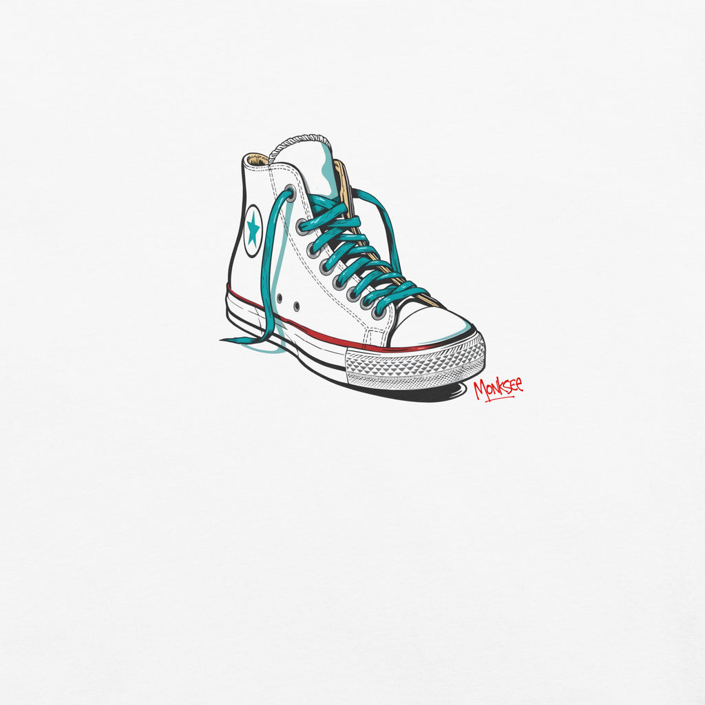 close up of the monksee kickin it design of a single chuck Taylor Allstars sneaker on a white background