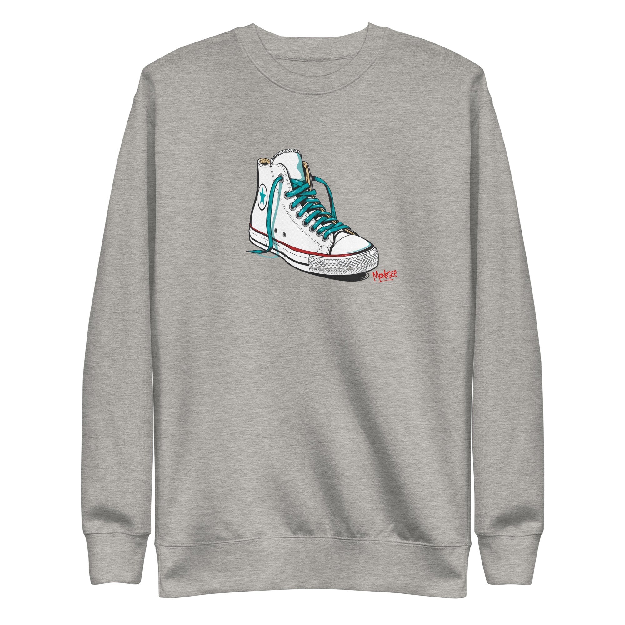 grey monksee kickin it sweatshirt with chuck Taylor all-stars design on the front laying on a white background