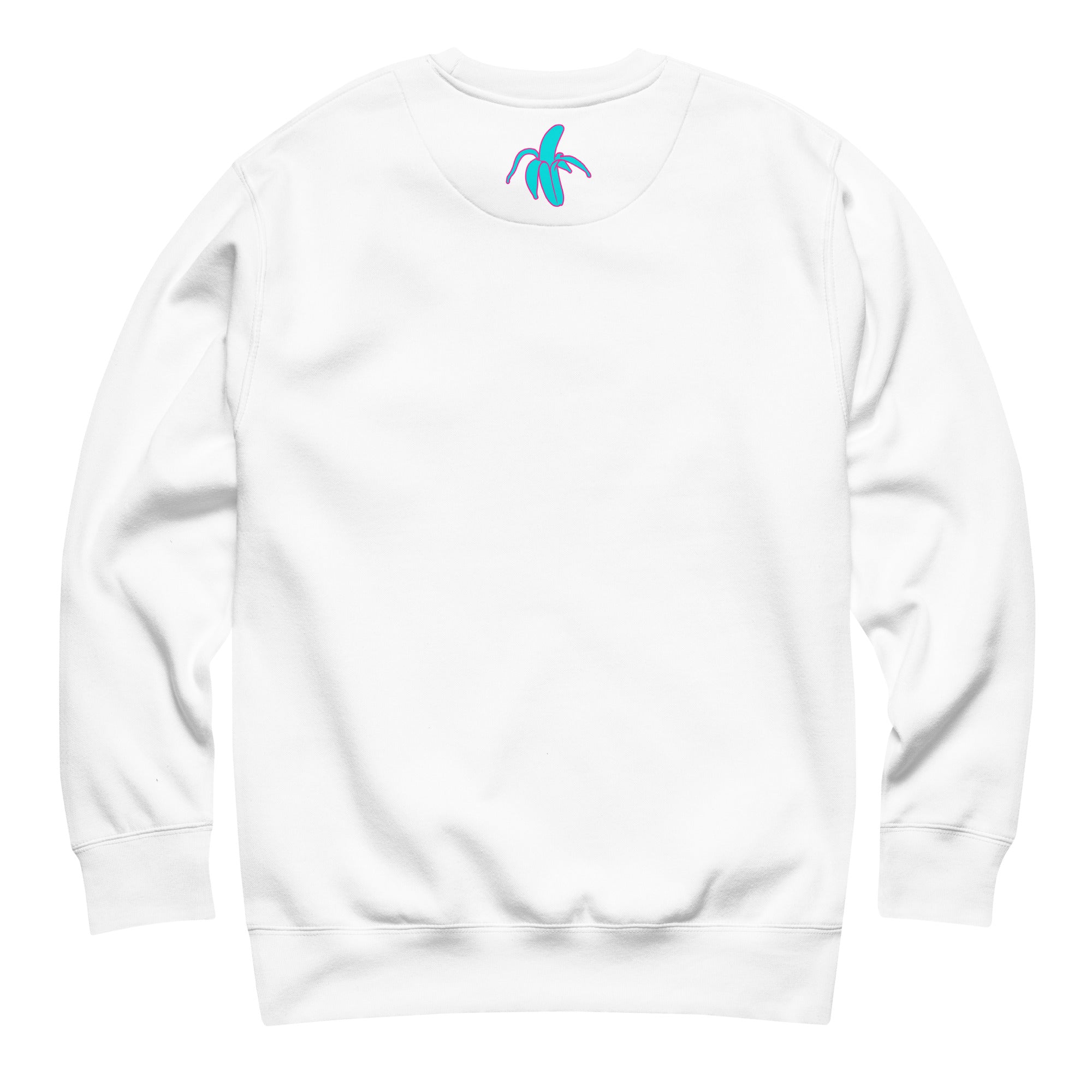 A white Monksee "Kickin It!" sweatshirt back displayed against a white background. The back features a teal and pink Monksee Banana.