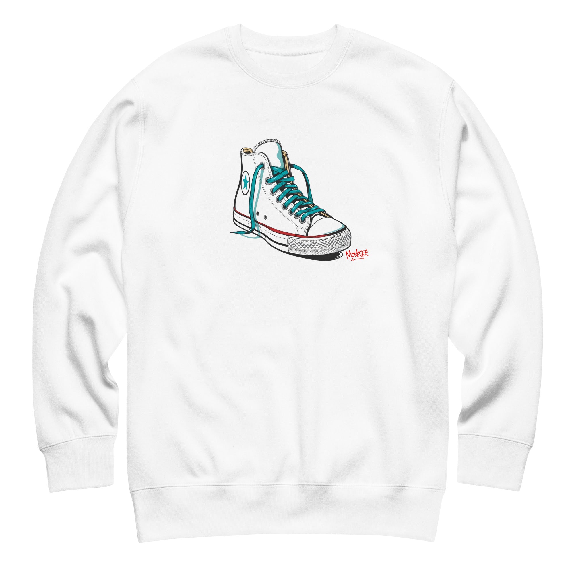 A white Monksee "Kickin It!" sweatshirt front displayed against a white background. The front features a white sneaker graphic with blue laces.