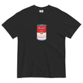 Monksee Soupy warhol style black garment dyed t-shirt laying flat on white background
