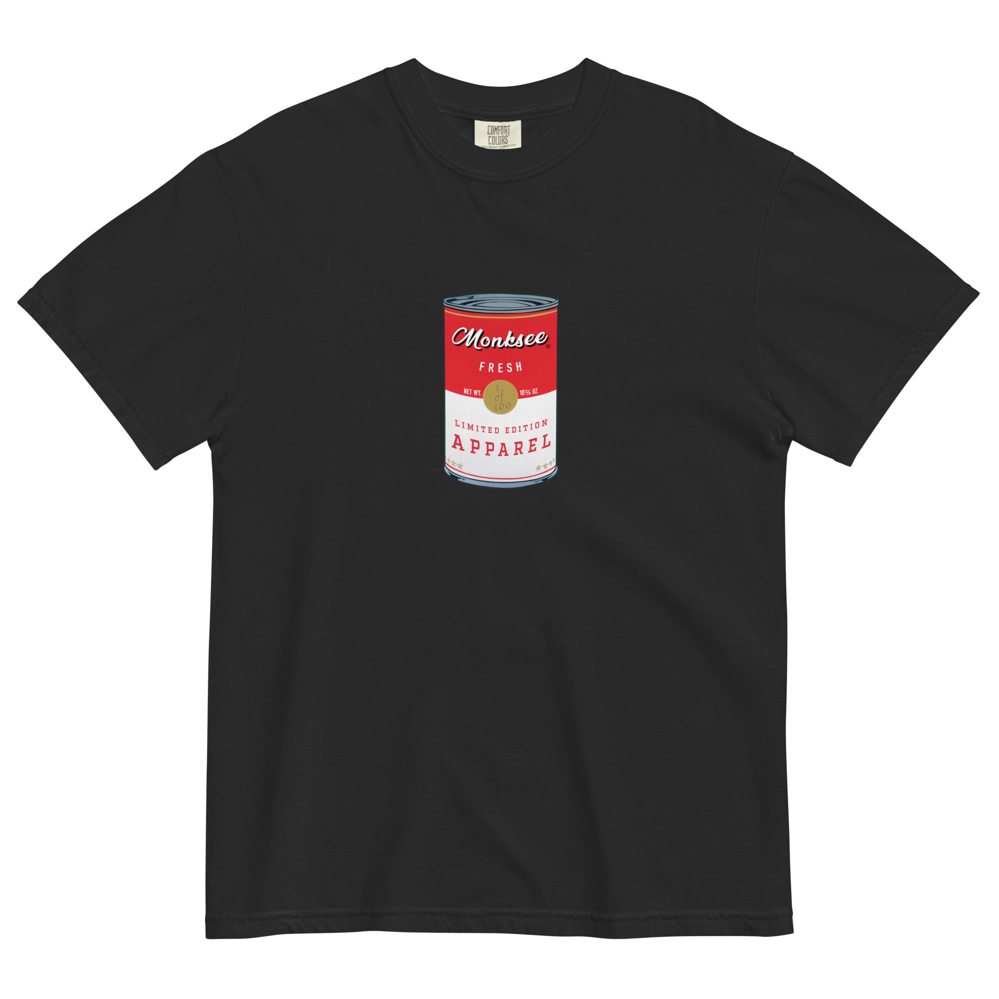 Monksee Soupy warhol style black garment dyed t-shirt laying flat on white background